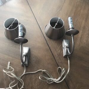 Set Of Light Sconces & Shades Nickel Finish. Uses Electric Cord To Power.